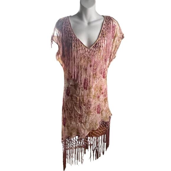 Vintage 90s Y2K Floral Fringe Pink Temptation Large Flapper Style Max Dress Set - Picture 3 of 8